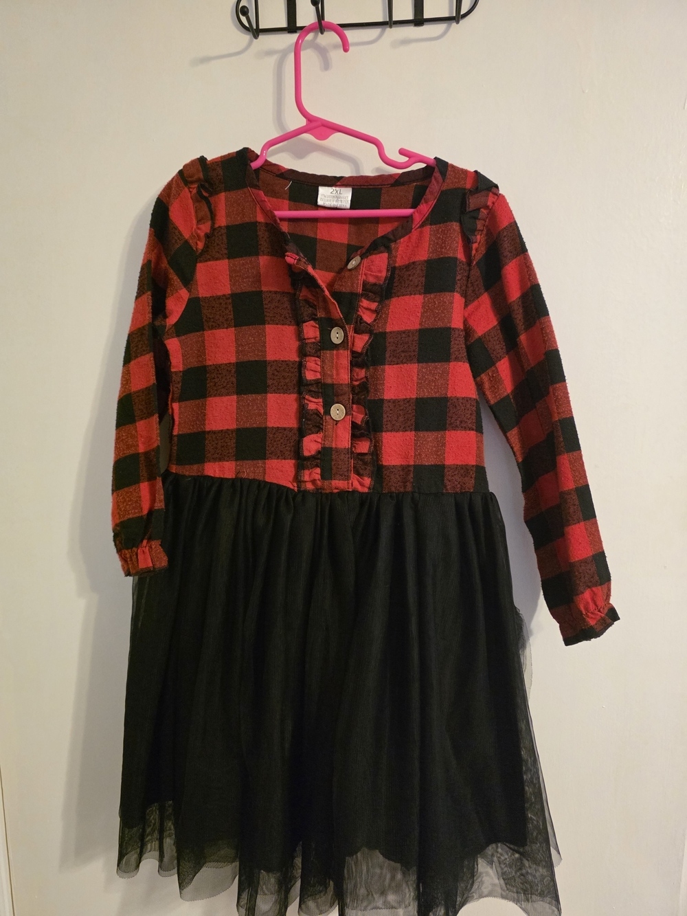 Girls Red Black Buffalo Plaid Ruffle Tulle Dress